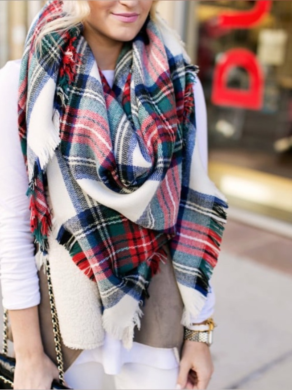 JustFab Plaid Oversized Blanket Scarf 3ft x 6ft Fringe Wrap